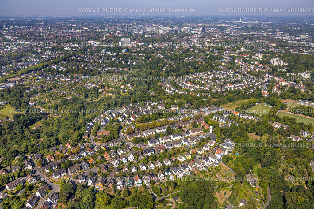 Essen220807018 | Luftbild, Wohnanlage Gehrberg, hufeisenförmige Wohnsiedlung, sowie Wohnanlage Hallering, Lönsberg und Dinnendahlstraße, kreisförmige Wohnsiedlung, Huttrop, Essen, Ruhrgebiet, Nordrhein-Westfalen, Deutschland