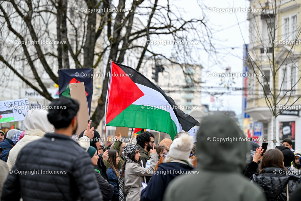 Demonstration Paleastina in Linz_ Pro Gaza_ 14.01.2024-20 | 14.01.2024, Linz, AUT, Demonstration, im Bild Palästina, Palaestina, Gaza, Demoteilnehmer, Teilnehmer, Kundgebung, Plakate, Fahnen, Polizei, Beamte, Polizeifahrzeuge, Einsatzkraefte, Israel, Krieg, Hamas, Geisel, Freiheit, Frieden