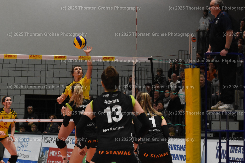 VBL VFB SUHL vs. LADIES IN BLACK AACHEN | Aachen in SCHWARZ gegen Suhl in GELB; VBL VFB SUHL vs. LADIES IN BLACK AACHEN, Volleyball-Bundesliga Frauen am 03.02.2018 in der Multihalle in Meiningen, (Deutschland) - Realisiert mit Pictrs.com
