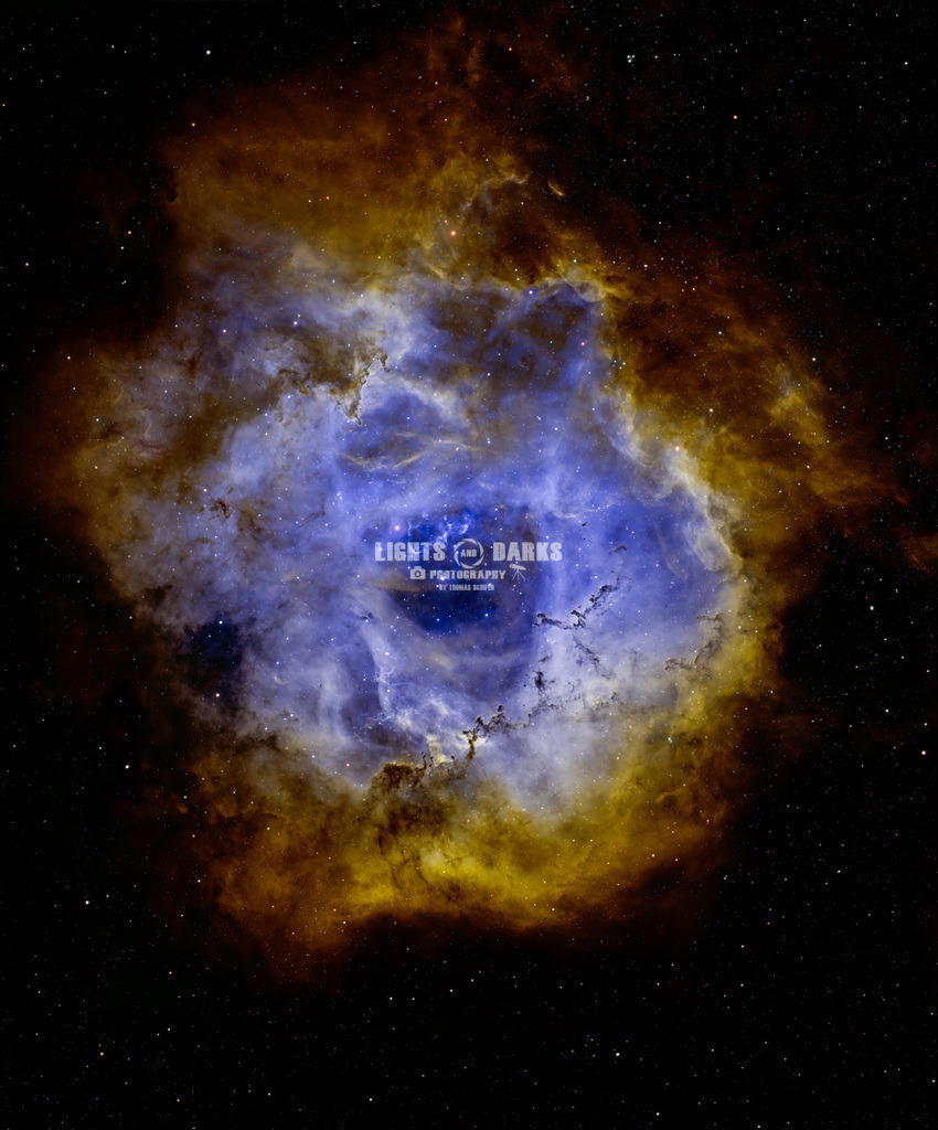 The rose of the universe | Two panel mosaic of the Rosette Nebula (NGC 2244).
From Wikipedia: "The Rosette Nebula (also known as Caldwell 49) is an HII region located near one end of a giant molecular cloud in the Monoceros region of the Milky Way Galaxy. The open cluster NGC 2244 (Caldwell 50) is closely associated with the nebulosity, the stars of the cluster having been formed from the nebula's matter."
 - Realisiert mit Pictrs.com