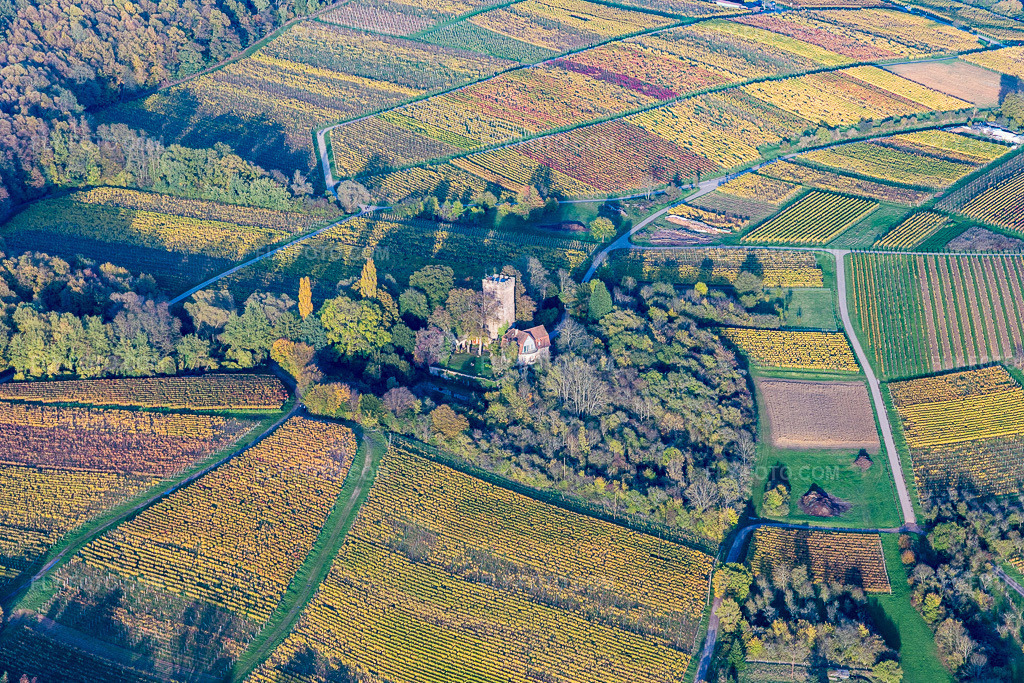 Aerial view: Buildings and parkland at the manor house Chateau Saint Paul on the Sonnenberg in Wissembourg in the state Bas-Rhin, France. – Photo: IMG_104430.jpg taken on 10/31/2017 by Werner Riehm/FLY-FOTO.com – Resolution of the original: 5329 x 3553 px