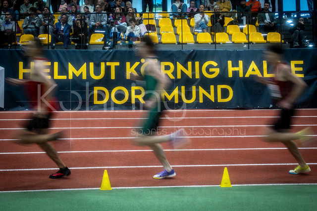 Indoor Meeting Dortmund, 08.02.2026 | DORTMUND, GERMANY - FEBRUARY 8:  Impressions: runner in front of the Arena name banner during the Indoor Meeting Dortmund at the Helmut-Koernig-Halle on February 8, 2026 in Dortmund, Germany. (Photo by Axel Kohring/Beautiful Sports Int.)