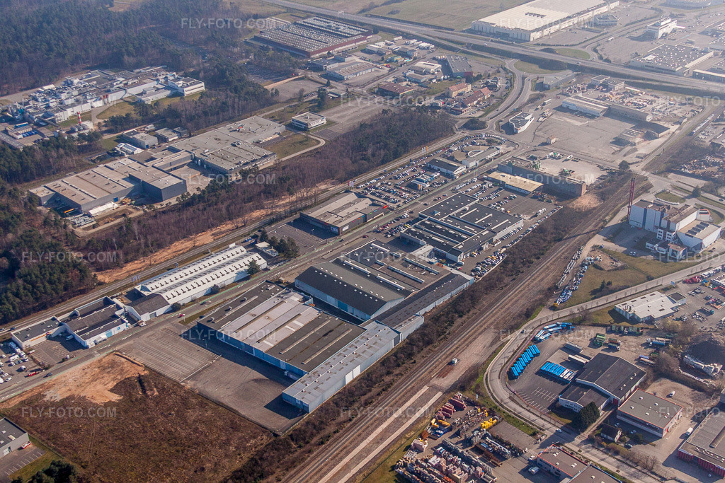 Aerial view: Industrial and commercial area ZI du Ried in Schweighouse-sur-Moder in the state Bas-Rhin, France.Photo: IMG_62821.jpg taken on 03/09/2014 by Werner Riehm/FLY-FOTO.comResolution of the original: 4752 x 3168 px