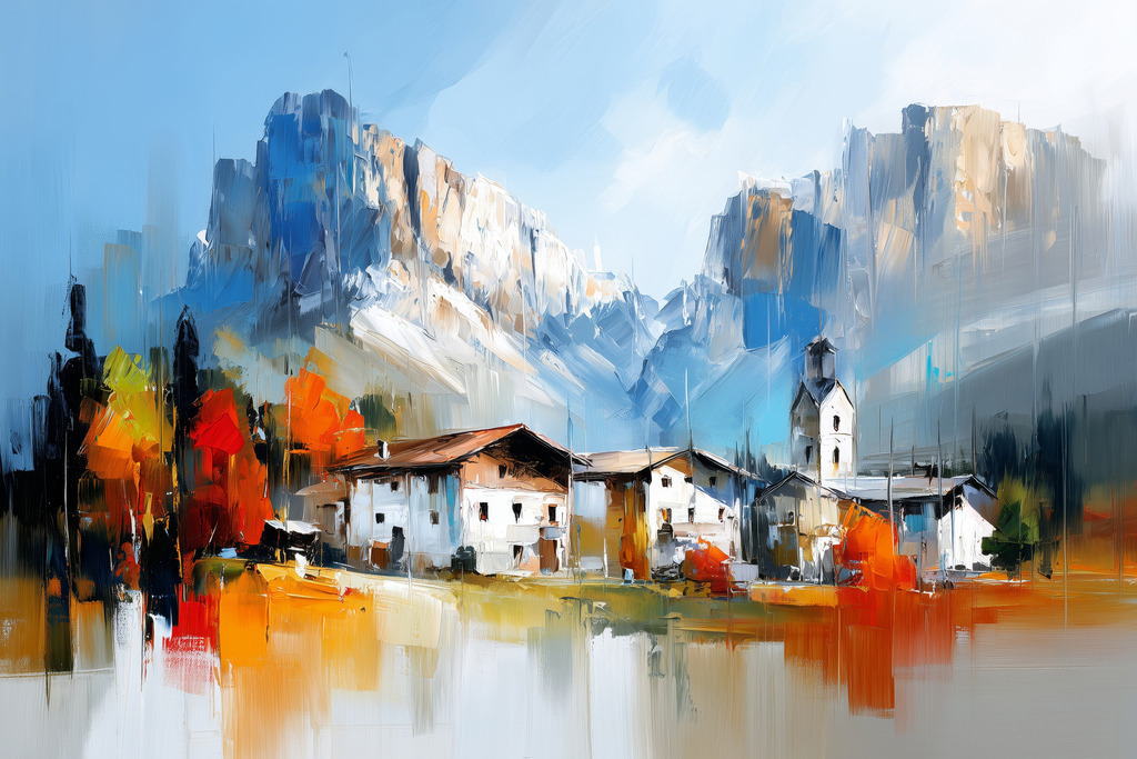 2602042 - Dorf in den Dolomiten | Bergdorf in den Dolomiten im Stil eines modernen Gemäldes.