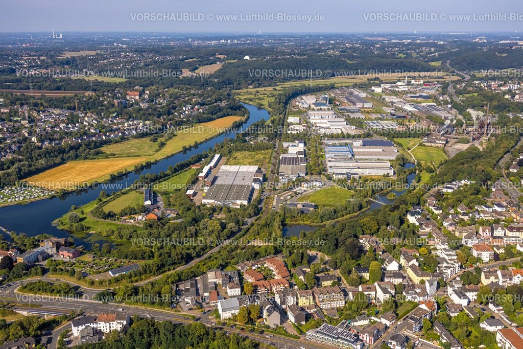 Hattingen240810130 | Luftbild, Gewerbepark und Landschaftspark Henrichshütte, Fluss Ruhr, Fernsicht, Hattingen, Ruhrgebiet, Nordrhein-Westfalen, Deutschland