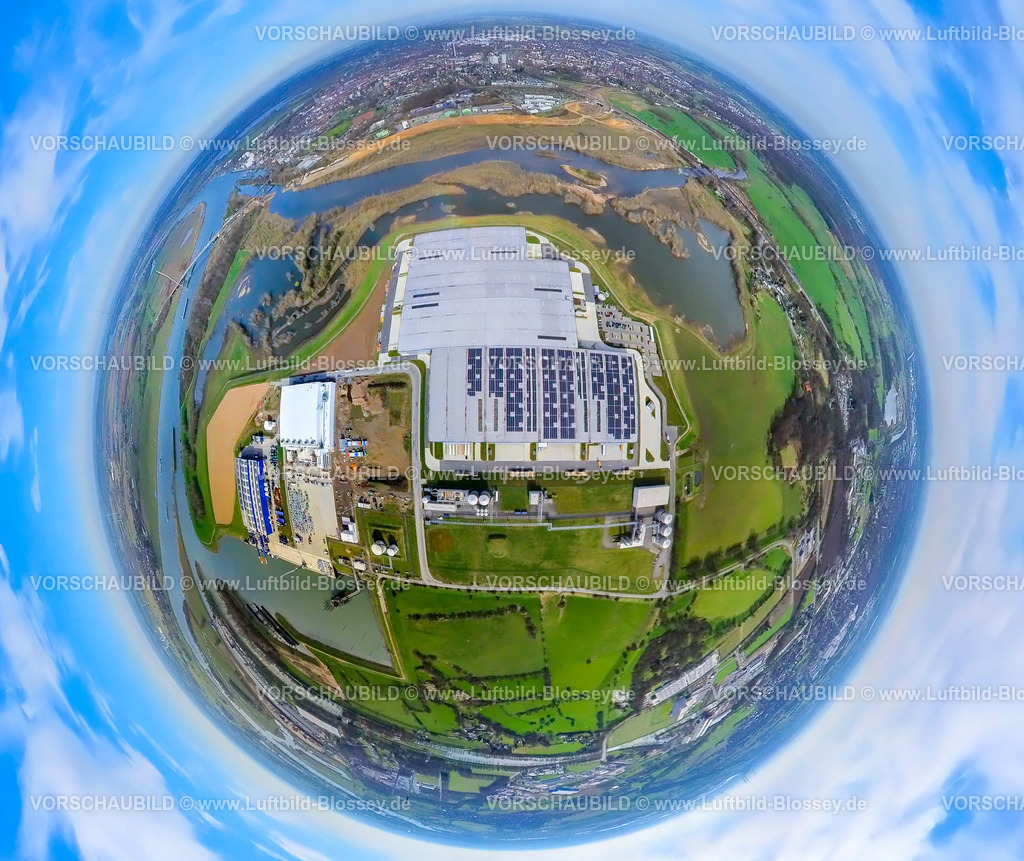 Wesel240390024Rhein-Lippe-Hafen | Luftbild, Rhein-Lippe-Hafen DeltaPort Hafenverbund, Lippemündungsraum Naturschutzgebiet Lippeaue, Fluss Rhein, Erdkugel, Fisheye Aufnahme, Fischaugen Aufnahme, 360 Grad Aufnahme, tiny world, little planet, fisheye Bild, Wesel, Nordrhein-Westfalen, Deutschland