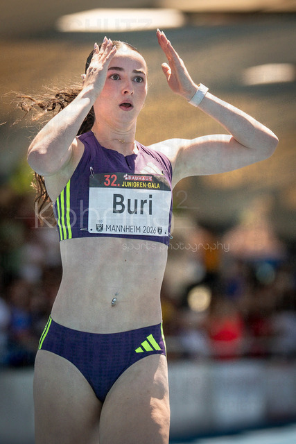 Juniorengala 2026; Mannheim, 13.06.2026 | MANNHEIM, GERMANY - JUNE 13, 2026 : Xenia Buri (SUI/Switzerland) runs a 11,14 in the 100m and reacts  during the Juniorengala 2026 at Michael-Hoffmann-Stadion on June 13, 2026 in Mannheim, Germany.