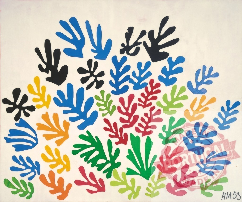 Henri Matisse La Gerbe gouache découpée abstract art. Henri Matisse | Henri Matisse creating La Gerbe with colorful cut-out shapes on a bright background - Realisiert mit Pictrs.com