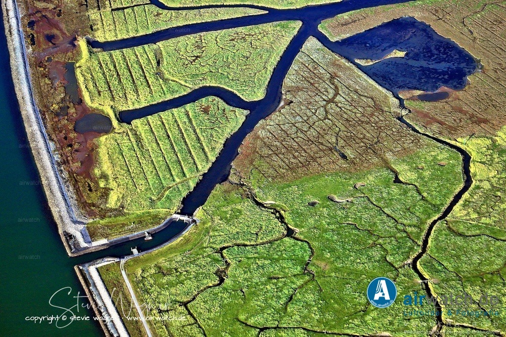 Luftbild Hallig Groede | Die Bewohner leben von Landwirtschaft, Tourismus und der Instandhaltung der Küstenschutzmaßnahmen. Die Kirche St. Margarethen, erbaut 1592, ist ein zentrales historisches und kulturelles Symbol der Insel. 
