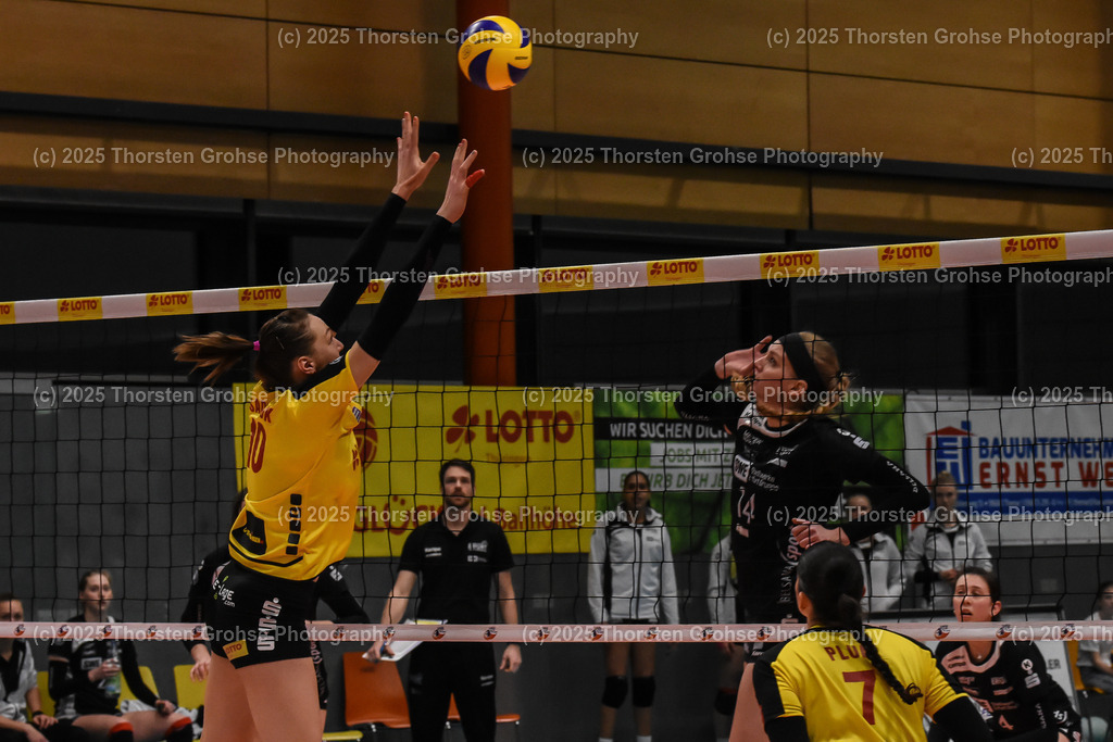 VBL VFB Suhl vs. SCHWARZ-WEISS Erfurt | (VFB Suhl) in Gelb, (Schwarz-Weiss Erfurt) in Schwarz; VBL VFB Suhl vs. SCHWARZ-WEISS Erfurt, Volleyball-Bundesliga Frauen am 17.02.2018 in der Multihalle in Meiningen, (Deutschland) - Realisiert mit Pictrs.com