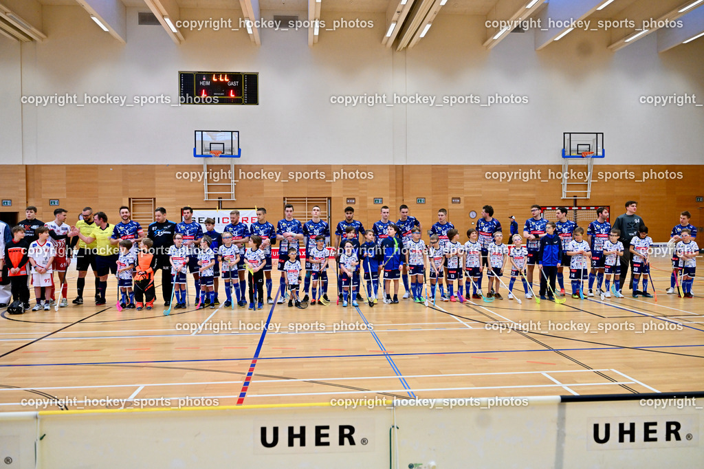 VSV Unihockey vs. KAC Floorball 4.2.2023 | VSV Unihockey Mannschaft, Einlauf mit Nachwuchs