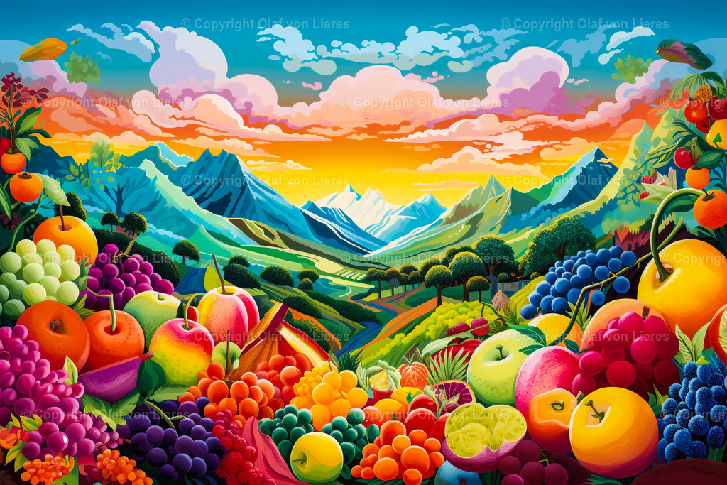 buntes Bild gemalt | viele bunte Früchte mit Sonne