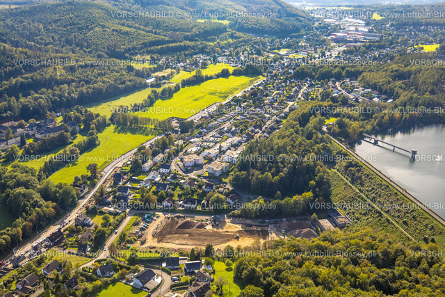 Hilchenbach230911255 | Luftbild, Baustelle mit Abriss Alte Industriehalle an der Breitenbachtalsperre, Wohngebiet Buchenhain, Allenbach, Hilchenbach, Siegerland, Nordrhein-Westfalen, Deutschland