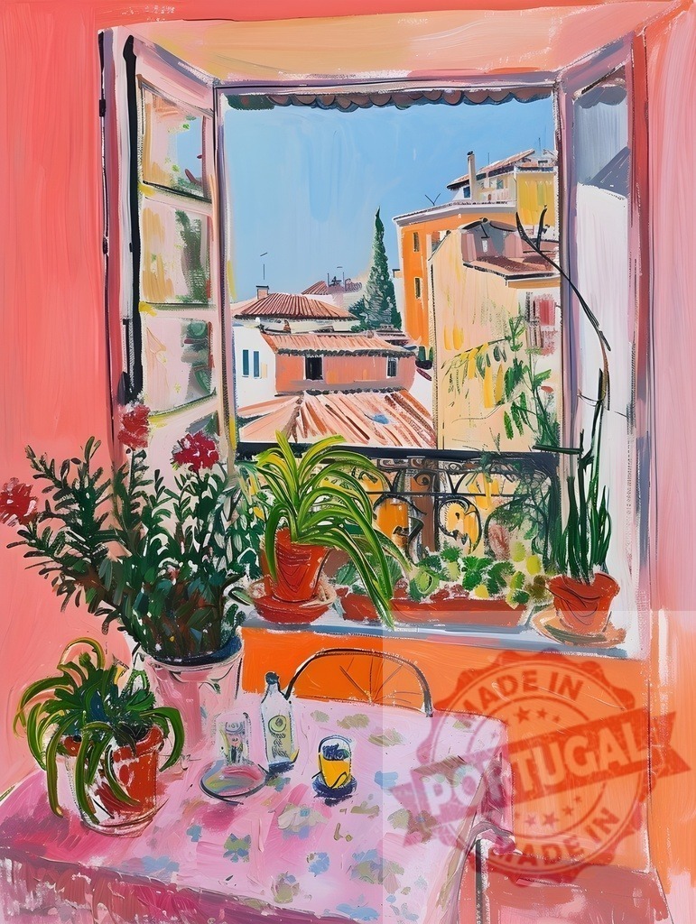 Open window overlooking rooftops in Rome, with houseplants and breakfast table in the foreground | Painting of a breakfast table with houseplants by an open window overlooking rooftops in Rome, Italy - Realized with Pictrs.com