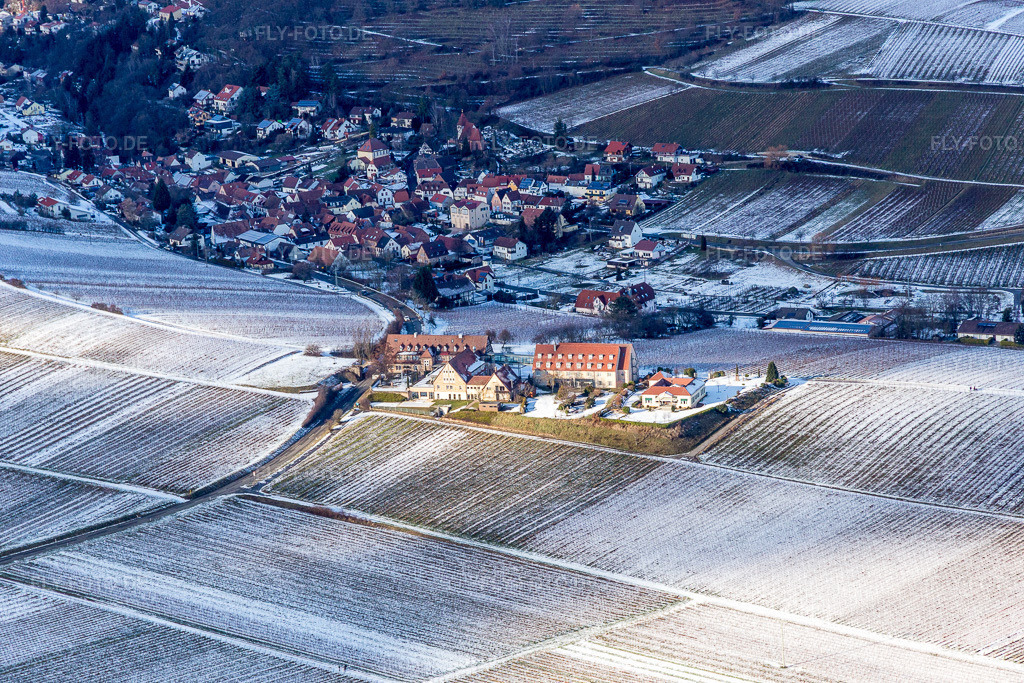 Luftbild: Winterlich schneebedeckte Leinsweiler Hof in Leinsweiler im Bundesland Rheinland-Pfalz in Deutschland. Foto: IMG_096194.jpg vom 15.01.2017 durch Werner Riehm/FLY-FOTO.de