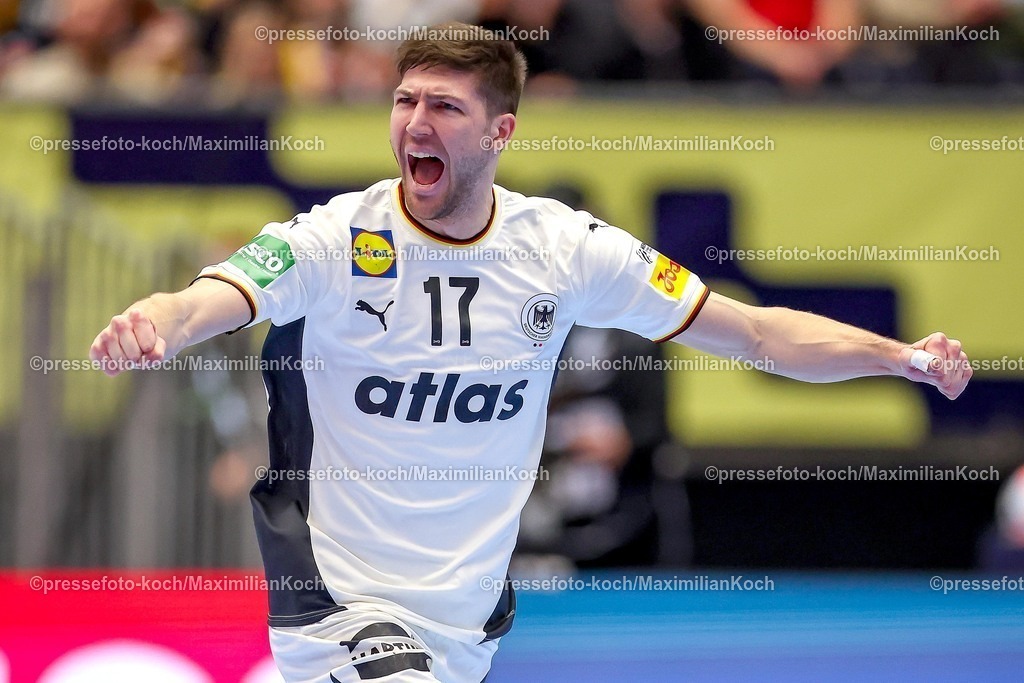 EHF15012602141 | 15.01.2026, Handball, Men's EHF EURO 2026, Deutschland - Österreich, Jyske Bank Boxen in Herning, Dänemark, Preliminary Round:  Lukas Zerbe (Germany #17) 