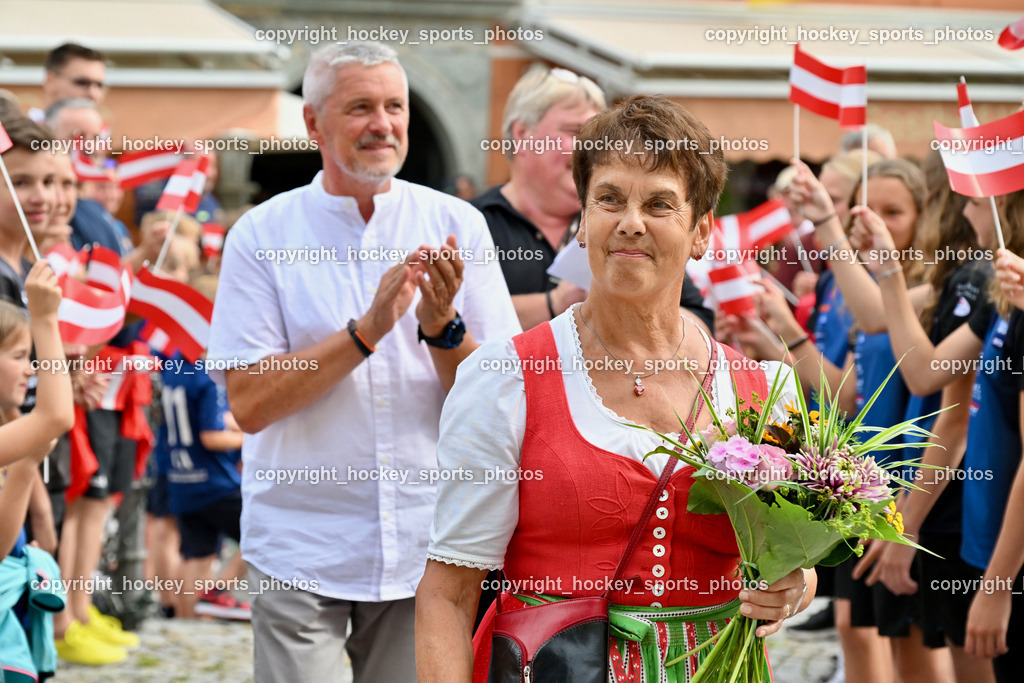 Empfang Heiko Gigler in Gmünd | Oma von Heiko Gigler, Empfang Heiko Gigler in Gmünd, Empfang Heiko Gigler in Gmünd am 14.08.2024 in Gmünd (Hauptplatz Gmünd), Austria, (Photo by Bernd Stefan)