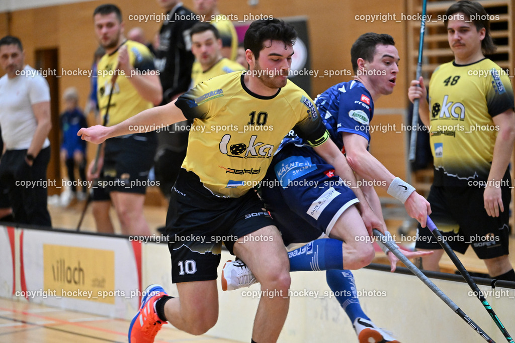 VSV Unihockey  vs. FBK Loka  | #10 Luka Peklaj FBK Loka, #19 Philipp Seiser VSV Unihockey, VSV Unihockey  vs. FBK Loka , VSV Unihockey  vs. FBK Loka  am 25.01.2026 in Villach (Ballspielhalle St. Martin), Austria, (Photo by Bernd Stefan)