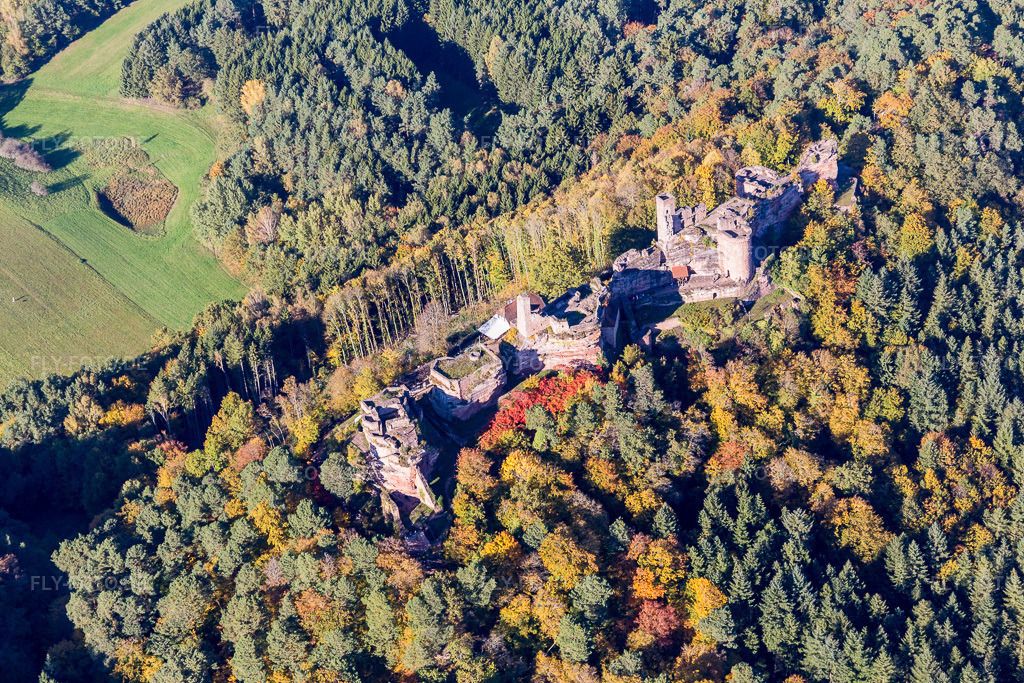 Luftbild: Dahn, Ruine Alt-Dahn in Dahn im Bundesland Rheinland-Pfalz in Deutschland. Foto: IMG_103949.jpg vom 14.10.2017 durch Werner Riehm/FLY-FOTO.de