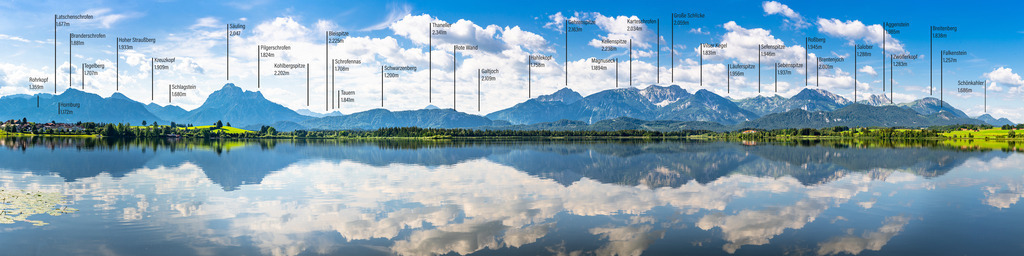 Hopfensee Panorama mit Bergnamen | Dieses Panoramabild vom Hopfensee im Sommer beinhaltet so gut wie alle Bergnamen von Tegelberg bis hin zum Schönkahler. 

Wichtig: solltet Ihr das Bild auf Leinwand bestellen wollen, so wählt unbedingt die Funktion "Rand spiegeln" oder "weißer Rand", da ansonsten durch das Umschlagen der Leinwand unter Umständen Bergnamen "verloren" gehen.