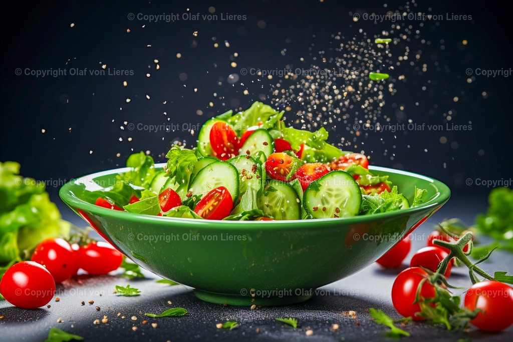 frischer Salat mit Gurke und Tomate | Salatschale in leuchtenden Farben
