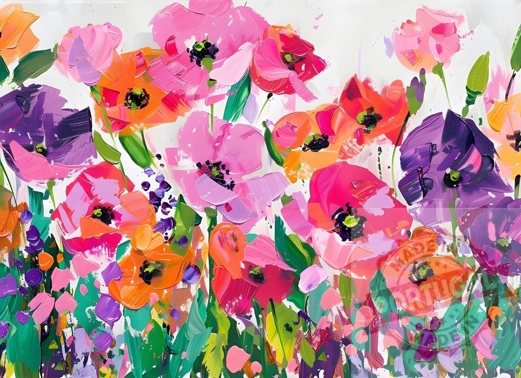 Colorful abstract poppies painting with impasto texture | Abstract painting showing a vibrant field of colorful poppies with thick impasto texture - Realized with Pictrs.com