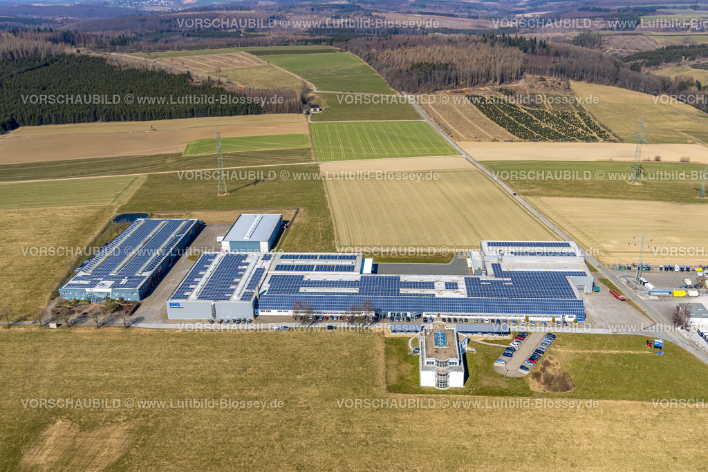 Brilon220303104 | Luftbild, BMS Industriebau mit Solardach, Alte Heeresstraße in Altenbüren, Brilon, Sauerland, Nordrhein-Westfalen, Deutschland