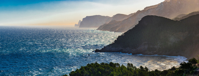 Idyllic twilight panorama view of coastline scenery on Majorca island, Mediterranean Sea Spain  | Panorama view of beautiful coastline sunset on Mallorca, Spain island Mediterranean Sea - Realisiert mit Pictrs.com