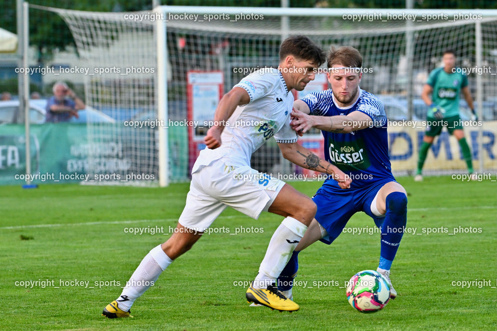 SAK vs. SV Dellach Gail | #24 Matic Ahacic SAK, #9 Raphael Simon Staguller SV Dellach Gail, SAK vs. SV Dellach Gail, SAK vs. SV Dellach Gail am 14.08.2025 in Klagenfurt (Sportpark Welzenegg), Austria, (Photo by Bernd Stefan)