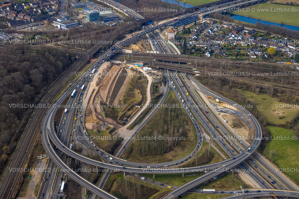 Duisburg240304060 | Luftbild, Autobahnkreuz Kaiserberg der Autobahnen A40 und A3 mit Baustellen, Duissern, Duisburg, Ruhrgebiet, Nordrhein-Westfalen, Deutschland, Duisburg-S