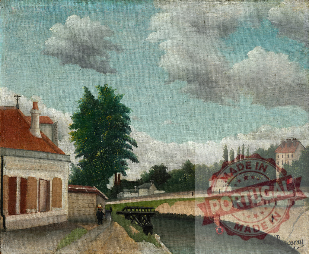 Henri Rousseau naive art landscape painting with village and river. Henri Rousseau | Rousseau painting depicting a tranquil village scene with a large tree and river - Realized with Pictrs.com