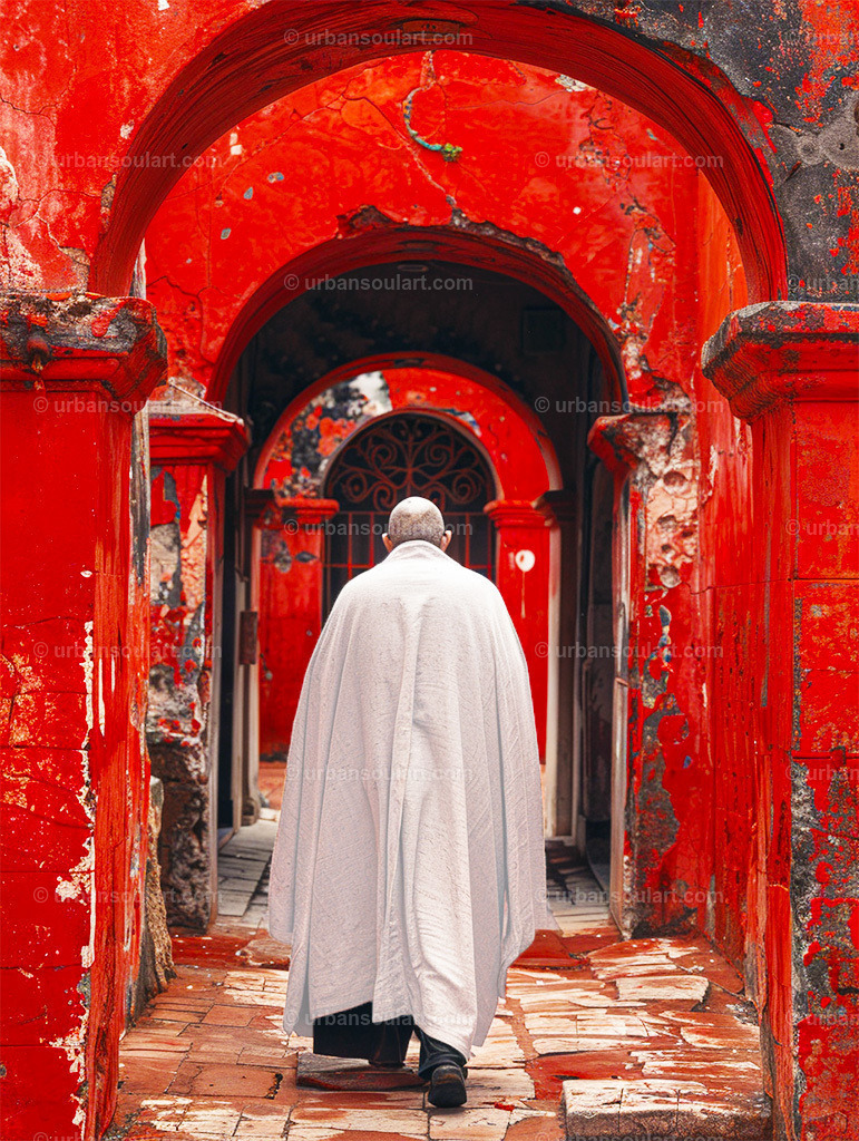 Priest Walking Through Old Church Walk | Step into history with this evocative image of a priest walking through an ancient, red-painted church passage. This artwork captures spirituality and timelessness, making it a meaningful addition for those who appreciate heritage and architectural beauty. - Realisiert mit Pictrs.com