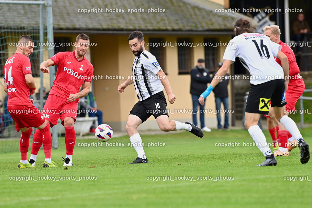 SVG Bleiburg vs. SAK 23.9.2023 | #24 Zoran Vukovic (K) SAK, #22 Leo Ejup SAK, #10 Dominik Peketz SVG Bleiburg, #16 Miha Vidmar SVG Bleiburg, SVG Bleiburg vs. SAK 23.9.2023, SVG Bleiburg vs. SAK am 23.09.2023 in Bleiburg (Karl Kornberger Stadion), Austria, (Photo by Bernd Stefan)