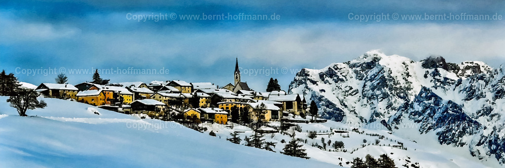 PAD2_RH_Guarda_150x50 | DIGITALKUNST. Wintertraum am Bergdorf Guarda im Unterengadin.
__ Das Basisfoto für dieses malerisch verwandelte Werk hat der Schweizer Hobbyfotograf Rene Hinder gemacht und es Bernt Hoffmann für dessen Kunstpart zur Verfügung gestellt. - Realisiert mit Pictrs.com