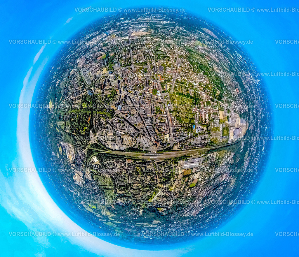 Gelsenkirchen240890598GewerbegebietSchalkerVerein | Luftbild, Bahnhofstraße Stadtmitte Zentrum mit Hbf Hauptbahnhof, rechts Gewerbegebiet Industriepark Schalker Verein, Europastraße, Erdkugel, Fisheye Aufnahme, Fischaugen Aufnahme, 360 Grad Aufnahme, tiny world, little planet, fisheye Bild, Altstadt, Gelsenkirchen, Ruhrgebiet, Nordrhein-Westfalen, Deutschland