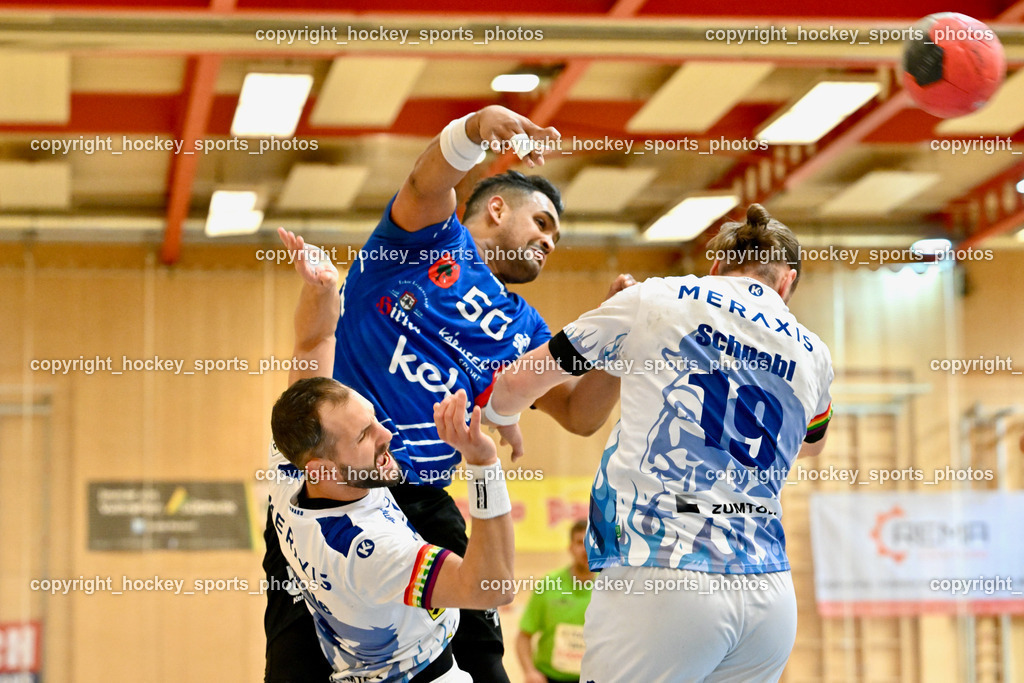 SC Ferlach vs. ALPLA HC Hard 2.3.2024 | #50 GONZALEZ-MARTINEZ Adonis,#19 SCHNABL Nico HC Hard, SC Ferlach vs. ALPLA HC Hard 2.3.2024, SC Ferlach vs. ALPLA HC Hard am 02.03.2024 in Ferlach (Ballspielhalle Ferlach), Austria, (Photo by Bernd Stefan)