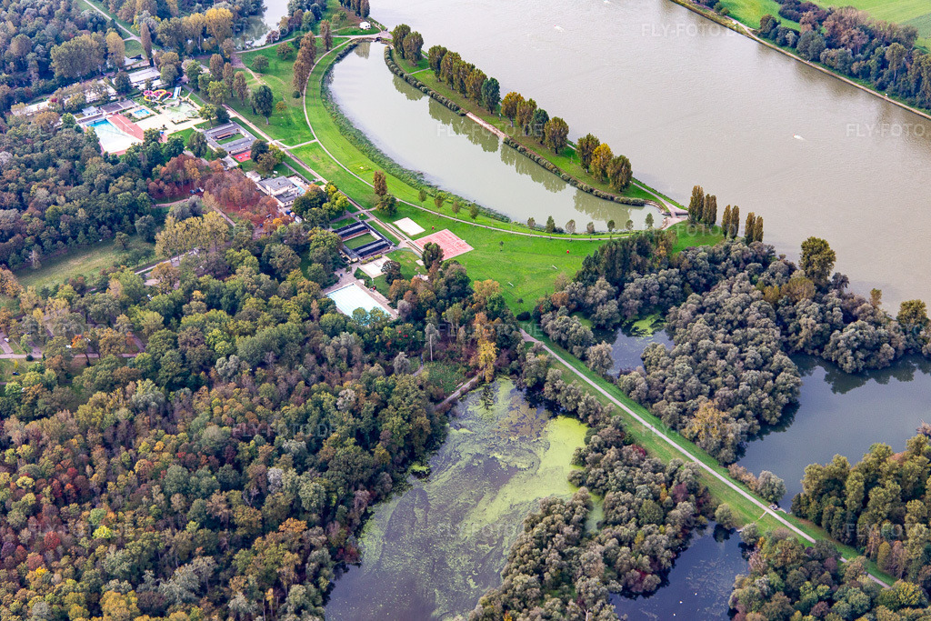 Luftbild: Rhein mit Hochwasser am Rheinstrandbad Rappenwört im Ortsteil Daxlanden in Karlsruhe im Bundesland Baden-Württemberg in Deutschland. Foto: IMG_143598.jpg vom 06.10.2024 durch Werner Riehm/FLY-FOTO.deRheinstrandbad Rappenwört | Karlsruher Baeder - Entdecke die Vielfalt