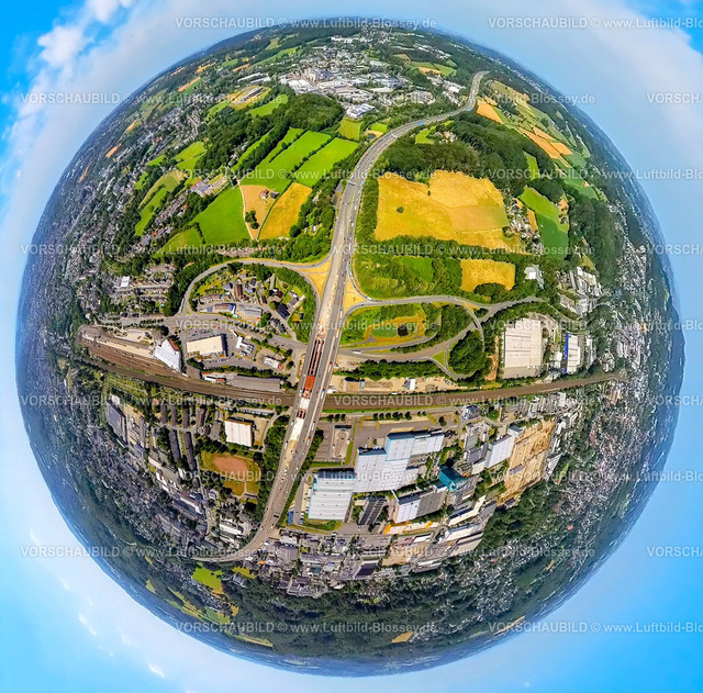 Schwelm230790275_A1_Abfahrt_Schwelme | Luftbild, Autobahn A1 Anschlussstelle Wuppertal-Langerfeld, Schwelmetalbrücke, Erdkugel, Fisheye Aufnahme, Fischaugen Aufnahme, 360 Grad Aufnahme, tiny world, Loh, Schwelm, Ruhrgebiet, Nordrhein-Westfalen, Deutschland