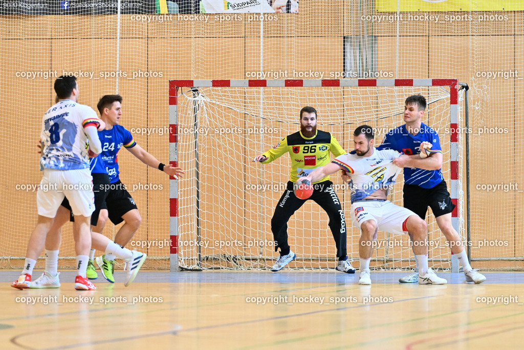 SC Ferlach vs. ALPLA HC Hard 2.3.2024 | #24 JOVANOVIC Mladan SC Ferlach, #96 KONECNY Micha Martin SC Ferlach, #22 BABIC Dejan HC Hard, #35 JURANIC Jura Egon SC Ferlach, SC Ferlach vs. ALPLA HC Hard 2.3.2024, SC Ferlach vs. ALPLA HC Hard am 02.03.2024 in Ferlach (Ballspielhalle Ferlach), Austria, (Photo by Bernd Stefan)