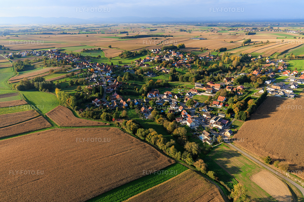 Vue aérienne: Vue de la ville depuis le sud à Eberbach-Seltz dans le département Bas Rhin, France. Photo: IMG_150163.jpg prise le 11/10/2025 par Werner Riehm/FLY-FOTO.eu – Résolution de l'original: 6000 x 4000 px