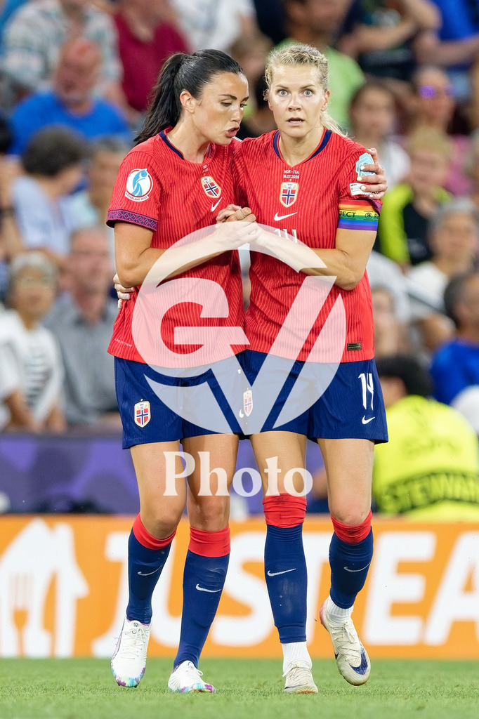 Norway v Italy - UEFA Women's EURO 2025 Quarter-Final | GENEVA, SWITZERLAND - JULY 16: Ada Hegerberg of Norway (R)  celebrates after scoring her team's first goal with teammates Ingrid Engen of Norway (L) during the UEFA Women's EURO 2025 Quarter-Final match between Norway and Italy at Stade de Geneve on July 16, 2025 in Geneva, Switzerland. (Photo by Giuseppe Velletri/Sports Press Photo/Getty Images)