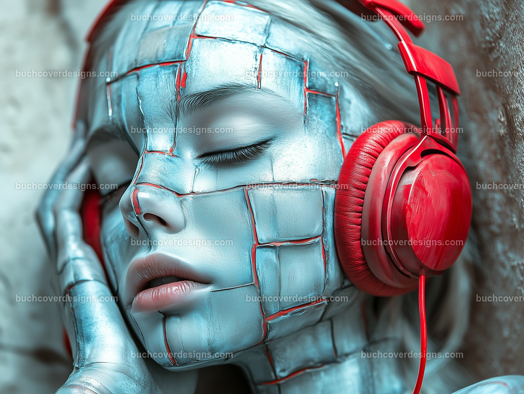 Gesicht einer Frau mit Kopfhörer (158) | realistic metallic painted woman head wear a red headphone and hold it with one hand, see the face - close up - studio light - vivid colors - high detail - realistic - photo - sureal --chaos 5 --ar 4:3 --stylize 50 --weird 100 --v 6.1 Job ID: a4f2b770-6ed0-44dc-ab75-4964d7dfd52a