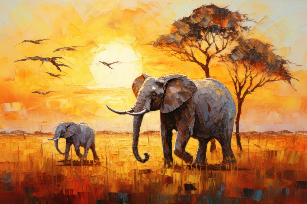 2307225 - Sonne Afrikas | Zwei Elefanten im leuchtenden Abendrot einer afrikanischen Landschaft. Bestellen Sie unsere abstrakten digitalen Gemälde als hochwertige Kunstdrucke auf Leinwand, Acrylglas, Dibond oder als Poster.
