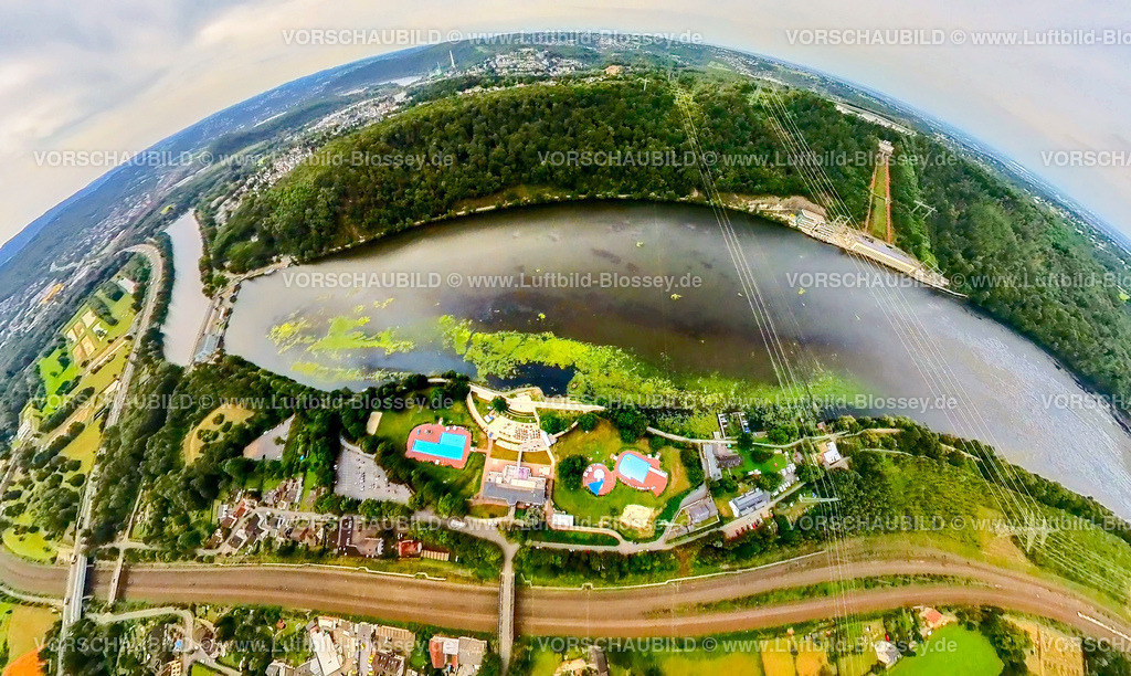 Hagen240790006HengsteyseeElodea | Luftbild, Hengsteysee mit Algenbewuchs, Algenpest, Elodea, Strandbad, Freibad, Salitos Beach, Strandhaus, Fischaugenaufnahme, fish eye, Ruhrtal, Hagen, Nordrhein-Westfalen, Deutschland, 