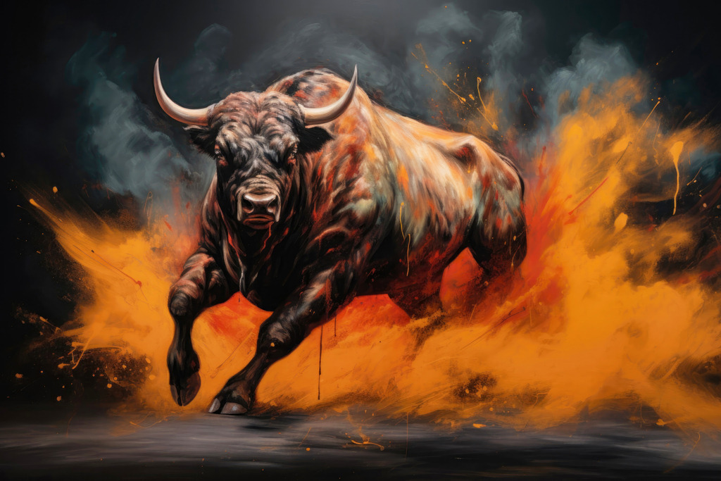 2309036 - Stier in schwarz und orange | Ein wilder Stier im abstrakten Gemäldestil.