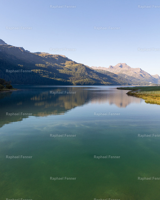 Spiegelung am Silvaplanersee | An einem ruhigen Morgen im Oberengadin präsentiert sich der Silvaplanersee von seiner stillen Seite. Das glasklare Wasser spiegelt die umliegenden Berge und den wolkenlosen Himmel, während das sanfte Morgenlicht die Landschaft in natürliche Farben taucht. Ein zeitloses Naturmotiv, das die Ruhe und Weite des Engadins einfängt.