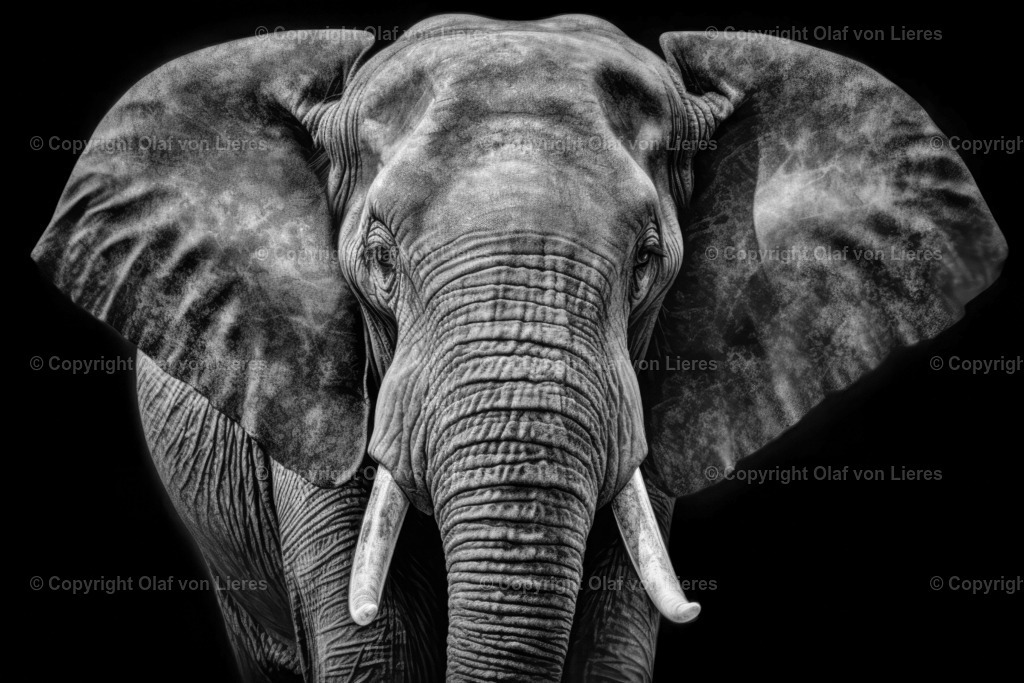 Elefantenkopf | alter Elefant in schwarz weiß vor schwarzem Hintergrund