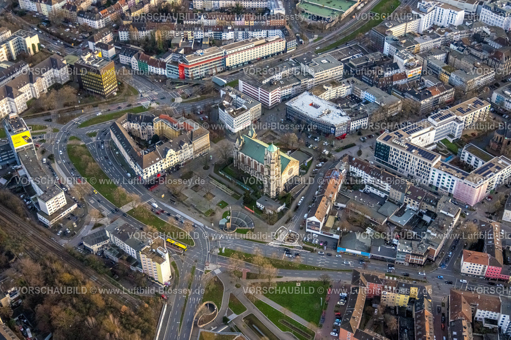 Essen230101838 | Luftbild, Pferdemarkt, kath. Kirche St. Gertrud, Stadtkern, Essen, Ruhrgebiet, Nordrhein-Westfalen, Deutschland