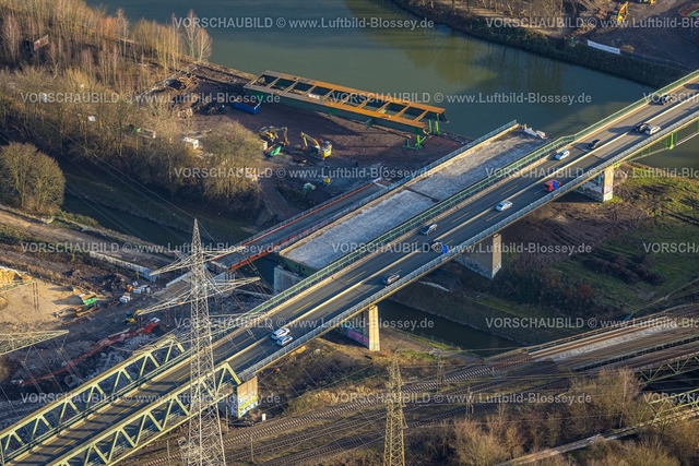 Herne240103948 | Luftbild, Bauarbeiten an der Emschertalbrücke Autobahnbrücke A43 über den Fluss Emscher und Rhein-Herne-Kanal, Baukau, Herne, Ruhrgebiet, Nordrhein-Westfalen, Deutschland