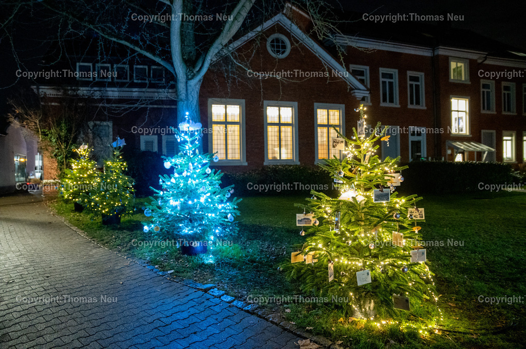 DSC_5780 | Lichterglanz und weihnachtliche Atmosphäre in der Innenstadt von Lorsch. In der Adventszeit verwandeln sich Straßen und Plätze der Bergstraße-Stadt in ein festlich leuchtendes Wintermotiv. Hier das Stadthaus mit den geschmückten Christbäumen in blauem Licht